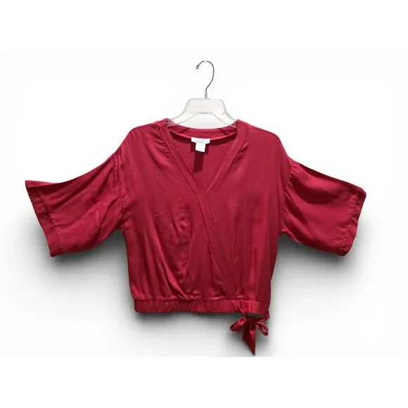 Women’s Burgundy Wrap Front Top | Short Sleeve Tie Waist Blouse | Medium - Picture 11 of 14